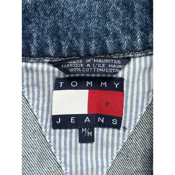 RARE VTG Y2K Tommy Hilfiger Mens Trucker Denim Jacket Button Logo Point Collar M - Picture 2 of 8